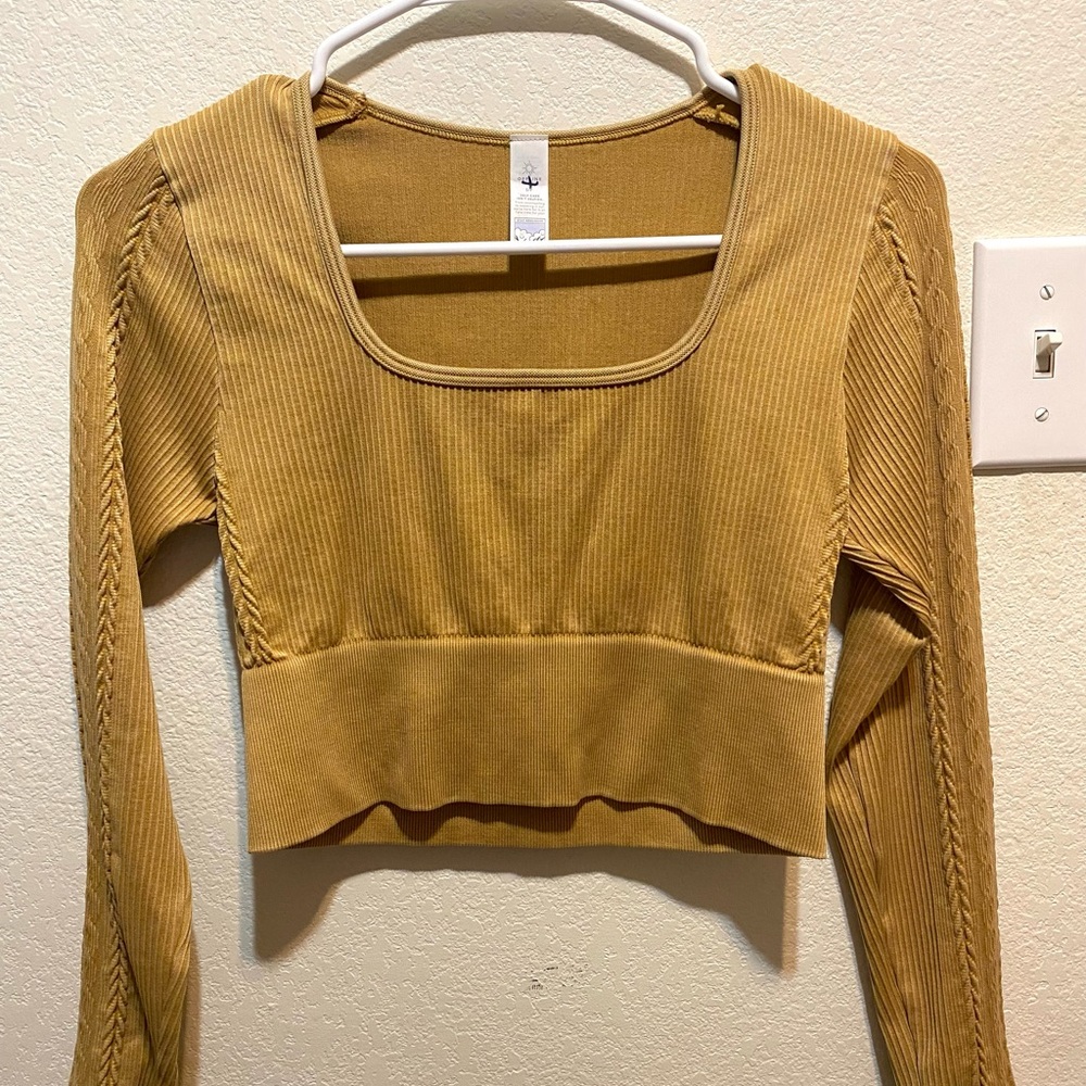 Gold Yellow Ribbed Offline/Aerie Long Sleeve Cropped Shirt